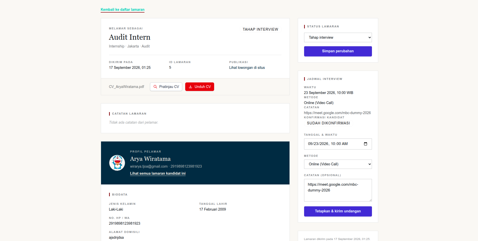 Penambahan Fitur Jadwal Interview (Otomatis), Notifikasi pada (user), Tab Kandidat